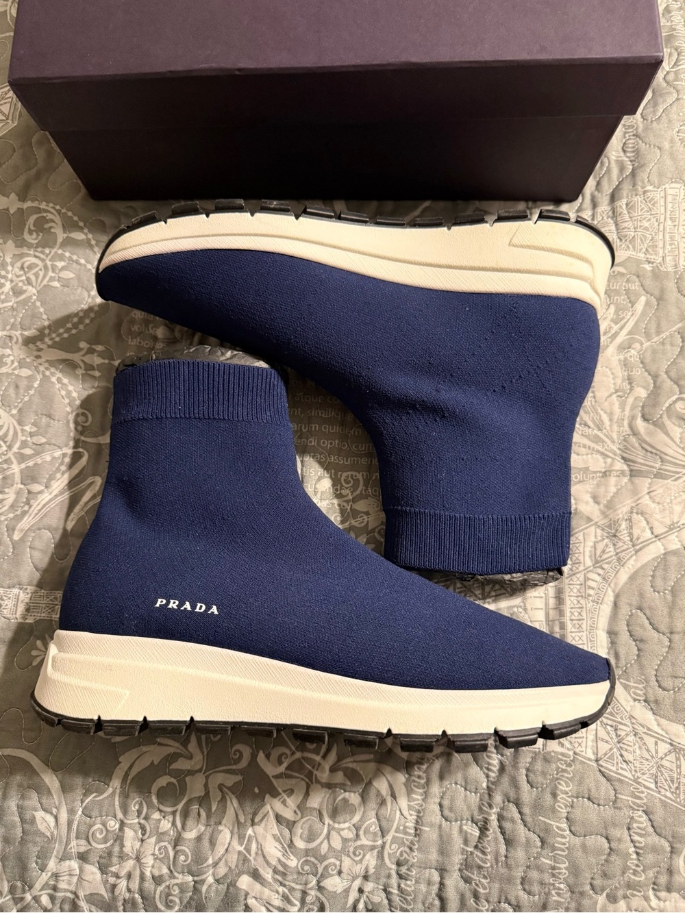 Prada Navy and White Knit Sock Sneakers